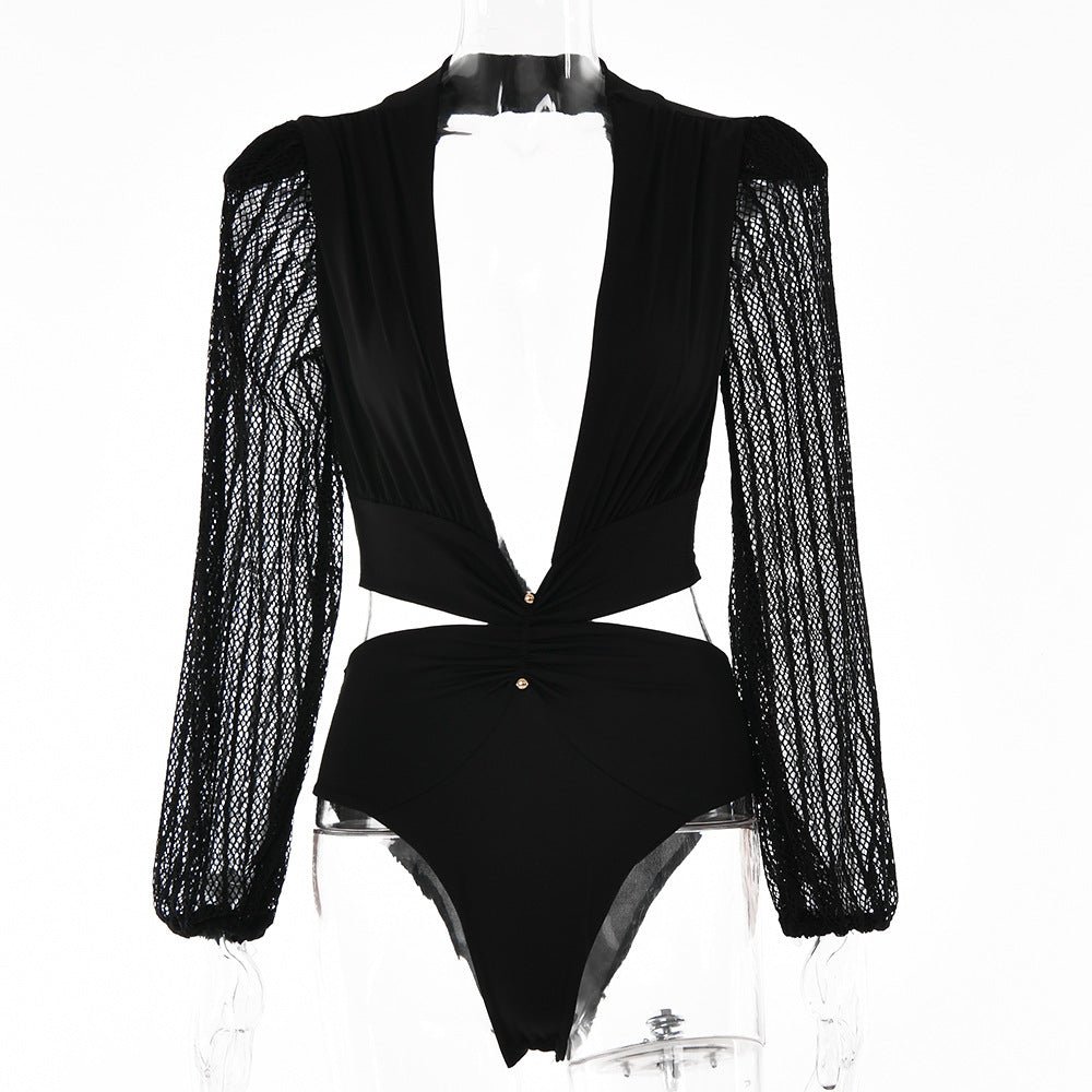 Deep V Neck Mesh Bodysuits Long Sleeve Black Romper